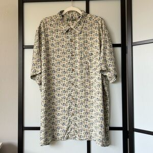 [XXL] Vintage Men’s 100% Rayon Beige Leaves Print Short Sleeve Button Down Shirt